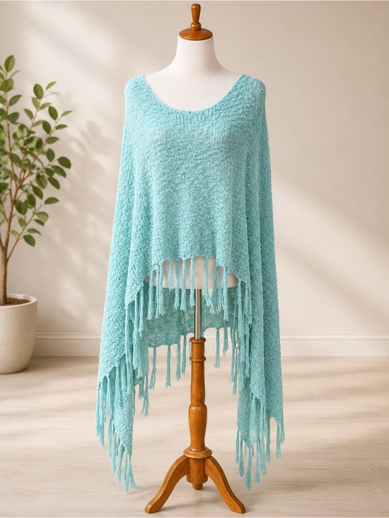 Jackets & Blazers - Fringe Knit Poncho in Light Aqua